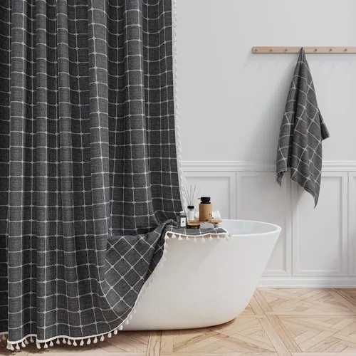 Vista 26 de BTTN - Cortina pequeña de tela para ducha, bohemia y campestre, con borlas, estilo rústico, para baño, de lino, con 6 ganchos de plástico