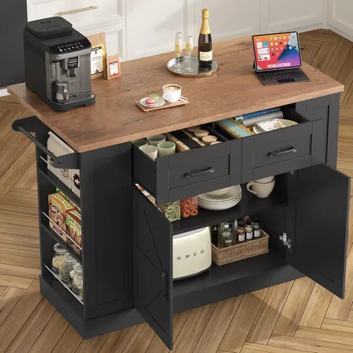 Vista 9 de Keyluv Isla de almacenamiento de cocina con 2 taburetes, carrito de cocina móvil de 51 pulgadas con hoja de caída y toma de corriente, mesa de isla