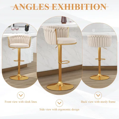 Vista 7 de ABET Taburete de Bar Dorado 1UN, Taburetes Giratorios de Terciopelo, Taburetes de Altura Ajustable con Respaldo Tejido, Taburetes de Cocina Modernos