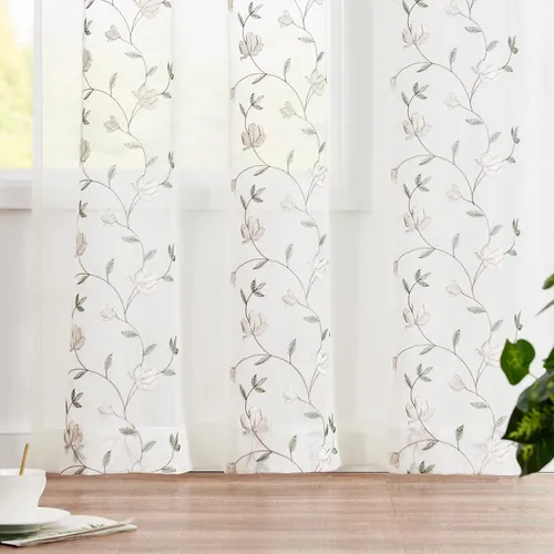 Vista 8 de jinchan Cortinas traslúcidas bordadas florales para sala de estar, cortinas semitransparentes para dormitorio, paneles de cortina bordados grises