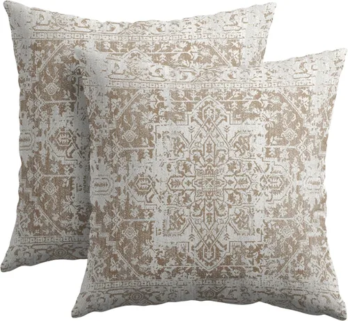 Juego de 2 fundas de almohada étnicas bohemias de 18 x 18 pulgadas, color marrón y blanco, fundas de almohada decorativas para sofá, porche, patio