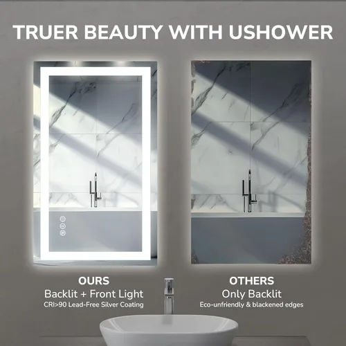 Vista 6 de USHOWER Espejo de baño LED de 20x28 pulgadas de vidrio templado - Espejo iluminado con luz LED retroiluminada sin marco para tocador de baño