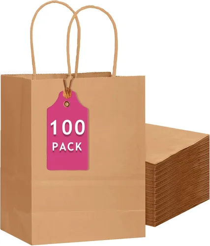 Vista 10 de qiqee 100 bolsas de regalo de papel de tamaño mediano con asas a granel de 7.6 x 4.75 x 10.5 pulgadas, bolsas de regalo marrones para múltiples usos