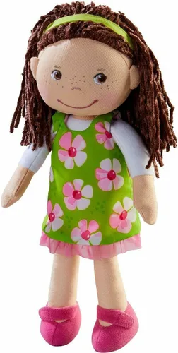 Vista 11 de HABA Cari - Muñeca de bebé negra de 12 pulgadas con coletas negras, cara bordada, vestido verde extraíble, lavable a máquina, muñeca de bebé suave