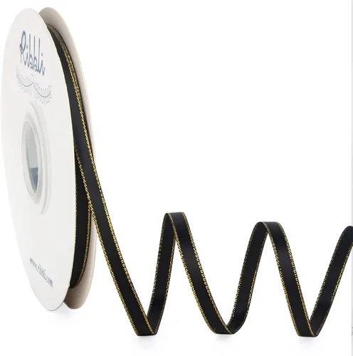 Ribbli - Cinta de satén negro con borde dorado, satén de doble cara de 1/4 pulgada x 50 yardas continuas, cinta negra para manualidades, envoltura