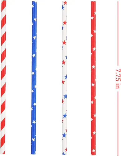 Vista 3 de ALINK Pajitas de papel con bandera estadounidense, rojo, azul y blanco, 100 pajitas biodegradables a rayas/estrellas para el Día de los Caídos, 4