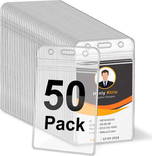Vista 10 de KTRIO Paquete de 10 portatarjetas de identificación vertical transparente con cremallera resellable, soporte impermeable para tarjetas