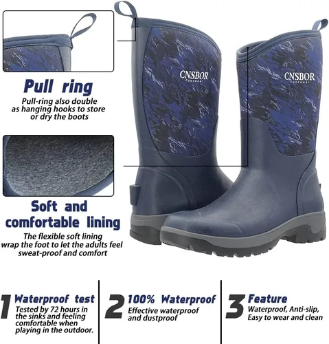 Vista 2 de CNSBOR Botas impermeables de goma aisladas para hombre, botas de lluvia de neopreno para exteriores