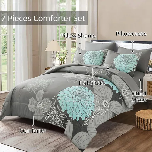 Vista 35 de Yiran - Juego de 7 piezas de edredón floral azul, juego de cama en una bolsa, tamaño Queen, juego de edredón de microfibra suave
