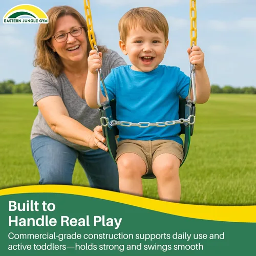 Vista 9 de Columpio Eastern Jungle Gym resistente, con respaldo alto, para bebés, con cadenas cubiertas y correa de seguridad
