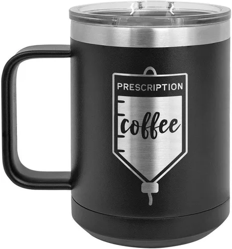 PRESCRIPCIÓN CAFÉ Negro 15 oz Taza de café w/tapa superior deslizante | Taza de café de viaje aislado | Ideas de regalo de cumpleaños o Navidad de