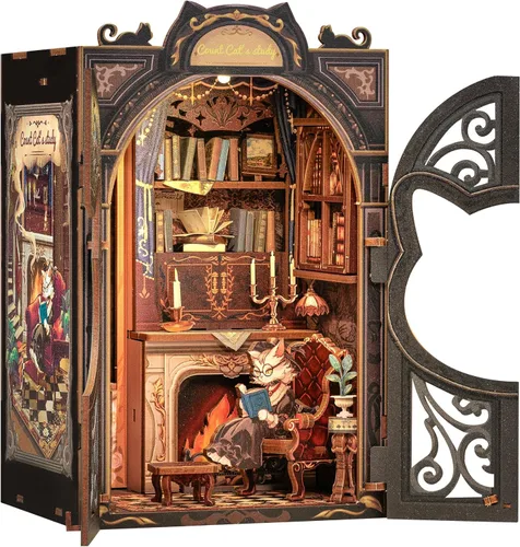 Vista 15 de CUTEBEE Kit de rincón de libros - Kit de casa de muñecas en miniatura para bricolaje para adultos y adolescentes, modelo de estantería para libros