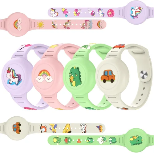 Compatible con pulseras impermeables AirTag para niños, paquete de 4 pulseras de cobertura completa, soporte de cubierta oculta, bonito diseño de