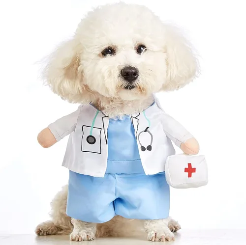 Vista 8 de Disfraz de médico para perro, gato y perro, divertido disfraz de Halloween para perros pequeños, gatos, cachorros, fiesta de cosplay, ropa de jeans