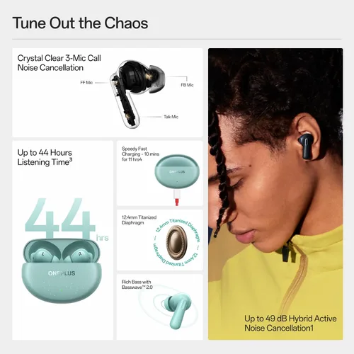 Vista 3 de OnePlus Nord Buds 3 Pro, auriculares inalámbricos Bluetooth, auriculares con cancelación de ruido, graves profundos, sonido envolvente, hasta 44