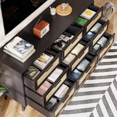 Vista 37 de Rovaurx Cómoda doble de 6 cajones para dormitorio, cómoda de ratán, cómoda de madera moderna con asas doradas, mesa auxiliar para armario, sala