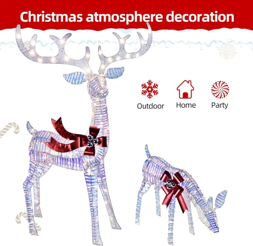 Vista 3 de Decoraciones navideñas para exteriores, familia de renos, decoración navideña iluminada, ciervos iridiscentes, 3 piezas con luces LED, cable