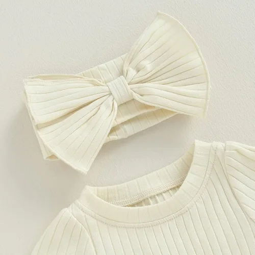 Vista 5 de Karwuiio Conjunto de 2 piezas para bebé recién nacida, de punto, de manga corta, con diadema, ropa de verano Beige