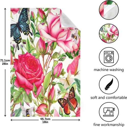 Vista 3 de Botanical Roses Butterflies Retro Tea Towels, 28x18 Absorbent Kitchen Towel Cute