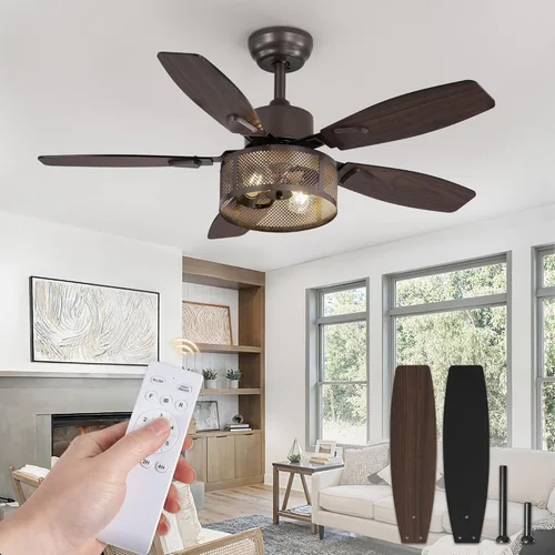 Vista 15 de Ventiladores de techo estilo granja con luces y control remoto, ventiladores de techo industriales negros enjaulados de 42 pulgadas para sala