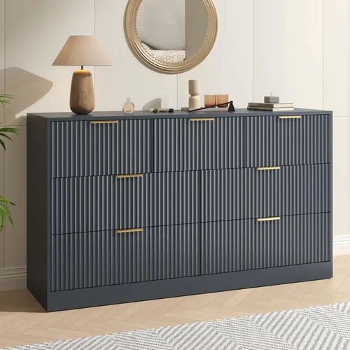 Vista 12 de Cómoda negra con 6 cajones profundos, cómoda acanalada de 55" de ancho para dormitorio con tirador dorado, cómoda moderna para armario, dormitorio