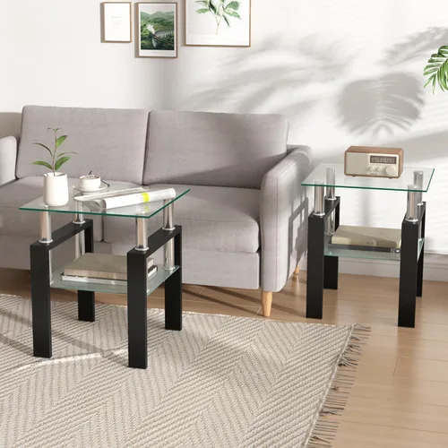 Vista 70 de IANIYA Juego de mesa de 3 piezas para sala de estar, moderno juego de mesa auxiliar de vidrio templado, mesa auxiliar de vidrio con marco de metal