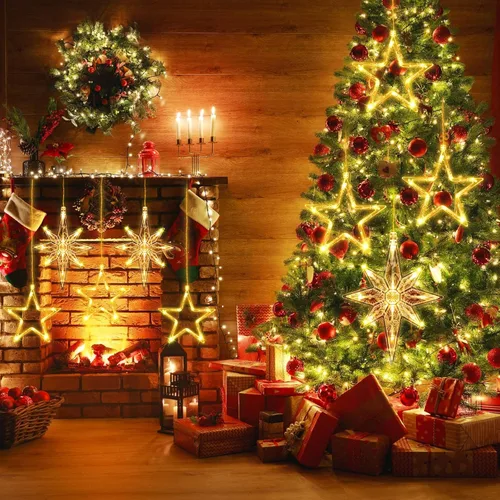 Vista 3 de 5 Piezas Luces Navideñas para Ventana Decoraciones Letrero Iluminado de Navidad Blanco Cálido Funciona con Pilas Telón de Fondo Luces de Silueta