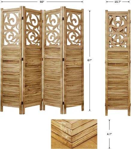 Vista 6 de Divisor de habitación de madera tallada para interiores, plegable, portátil, pantalla de división para casa, oficina, jardín, terraza, 4 paneles, 67