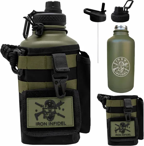 Vista 22 de Iron Infidel Battle Bottle - Botella de agua aislada de 32 onzas con tapa de popote y tapa para beber, frasco de metal de acero inoxidable incluye