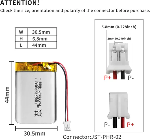 Vista 3 de EEMB Batería de polímero de litio 3.7V 820mAh 653042 Lipo Batería recargable con conector JST de cable para altavoz y dispositivo inalámbrico
