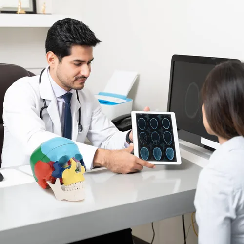 Vista 7 de RONTEN Modelo Anatómico de Cráneo Humano, Cráneo Médico Pintado de 3 Partes con Tapa de Cráneo Extraíble y Mandíbula Movil, Modelo de Exhibición