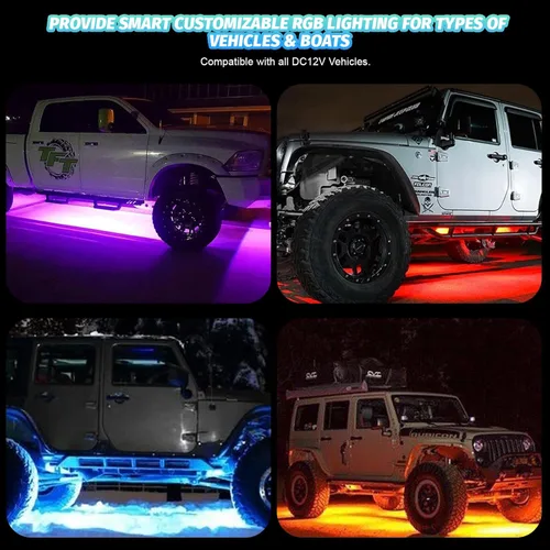 Vista 7 de 8 vainas RGB LED Rock Lights para Jeeps, camiones, carrito de golf, ATV, UTV RZR, SUV, todoterreno, kit impermeable multicolor con aplicación, modo
