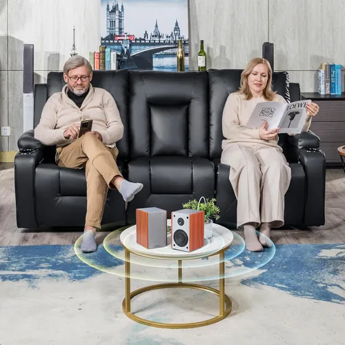 Vista 3 de COMHOMA Juego de muebles de sala de estar,Sofá de cuero consolidado con masaje,Silla reclinable con portavasos,3+2+1,Negro