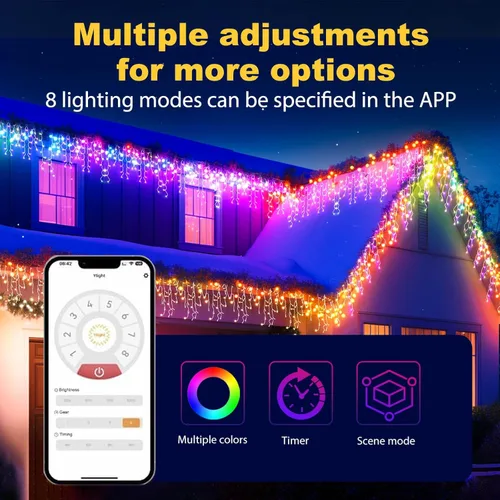 Vista 3 de Guirnalda de luces navideñas para exteriores, aplicación y control remoto, de color blanco cálido a multicolor, de 49 pies con 640 luces LED