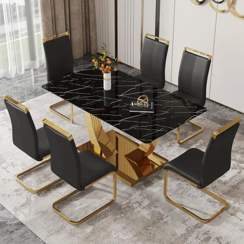 Vista 62 de Mesa de comedor moderna para mesa de comedor de mármol sintético de 4/6, 63 pulgadas, mesa de cocina rectangular, mesa de cocina y comedor de fácil
