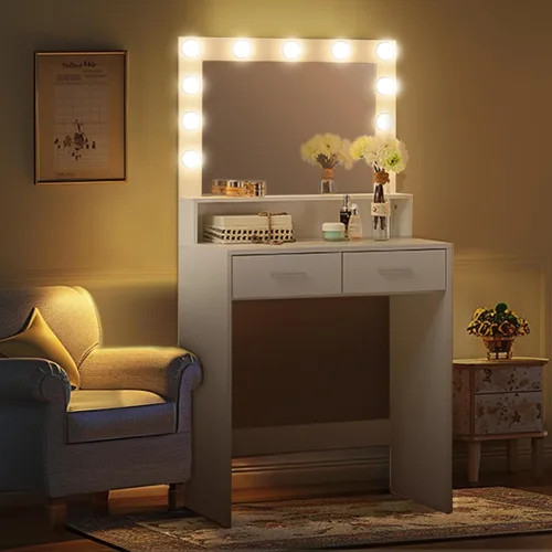 Vista 14 de MIRROTOWEL Escritorio de tocador de 47.5 pulgadas con espejo grande, 3 modos de iluminación de color, brillo ajustable, cómoda con 3 cajones y 2