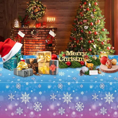 Vista 7 de 3 manteles de invierno con copos de nieve – Mantel de plástico de Frozen Wonderland desechable, rectangular, copos de nieve para suministros