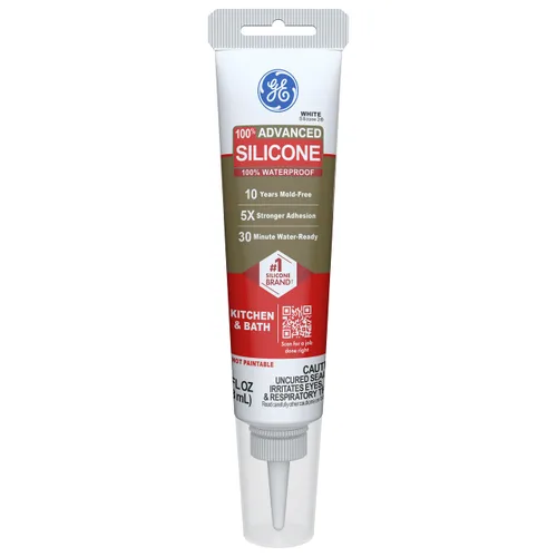 GE Masilla de Silicona Avanzada para Cocina y Baño, Blanco, Tubo de 2.8 fl oz, Paquete de 1 - Sellador de Silicona 100% Impermeable, Adhesión 5X Más