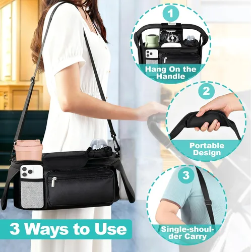 Vista 4 de Organizador Universal para Cochecito con Portavasos Aislado, Bolsa de Teléfono Desmontable y Correa para el Hombro, Caddy de Bolsa que se Adapta a