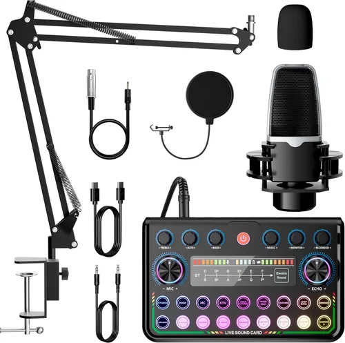 Vista 10 de Paquete de equipo de podcast SINWE para 2, interfaz de audio con micrófono de podcast para smartphone y PC, todo en un solo mezclador DJ