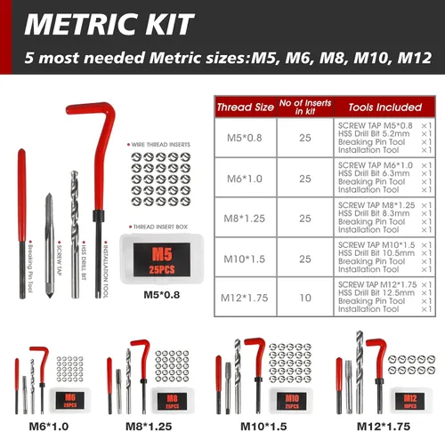 Vista 2 de Kit de reparación de roscas, 261 piezas HSS taladro helicoidal kit de reparación SAE y métrico 1/4" 5/16" 3/8" 7/16" 1/2" M5 M6 M8 M10 M12