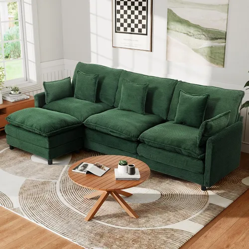 Vista 7 de Sofá de nube en forma de L de 113 pulgadas, sofá modular de 4 plazas con cojín de asiento tapizado de doble capa, sofás profundos de pana con Verde