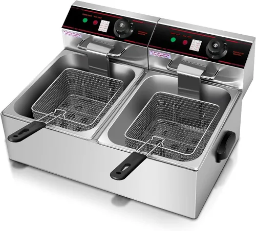 Vista 7 de Giantex Freidora comercial de 3400 W, tanque doble, freidora eléctrica de acero inoxidable de 12.8 cuartos de galón con 2 cestas, tapas y control