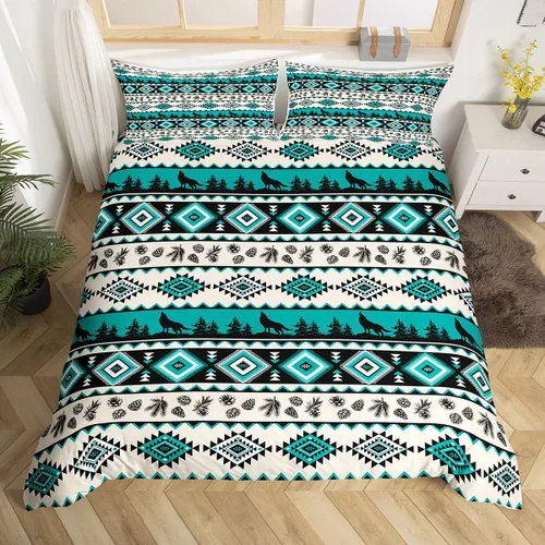 Vista 7 de Manfei Juego de ropa de cama geométrica azteca para niñas, tamaño individual, juego de funda de edredón étnica tribal del suroeste, funda de edredón