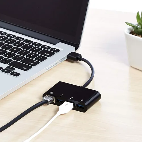 Vista 5 de Yaxa Basics Adaptador de 4 puertos con 3 puertos USB-A 3.0 y 1 puerto Ethernet RJ45 Gigabit, negro