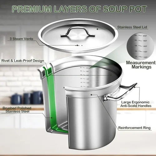 Vista 6 de Olla de acero inoxidable con tapa, olla grande de 20 cuartos de galón, olla resistente de tres capas de grado comercial y ollas para hervir, cocinar
