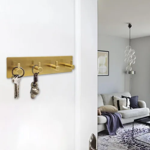 Vista 2 de Perchero autoadhesivo para llaves con 4 ganchos para llaves, máscaras, entrada de pared, colgador de pasillo, color dorado