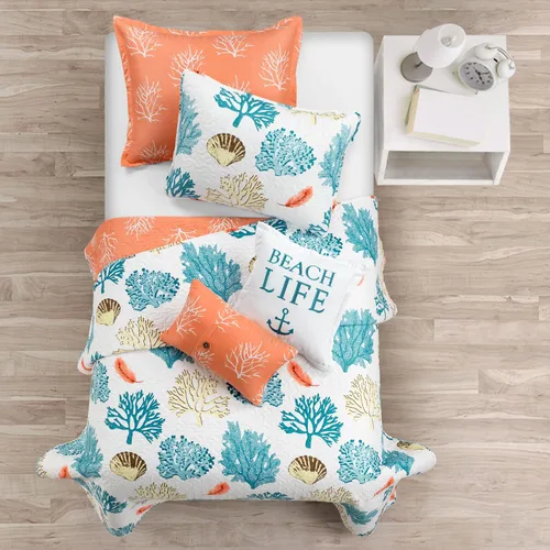 Vista 2 de Lush Decor Coastal Reef Feather - Juego de edredón reversible de 5 piezas, tamaño individual/individual XL, azul y coral, juego de ropa de cama