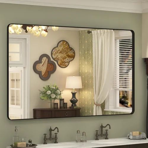 Vista 13 de Espejo rectangular para pared de baño de 20x30 pulgadas con marco negro mate, espejo de tocador con esquinas redondeadas, espejo de baño de metal