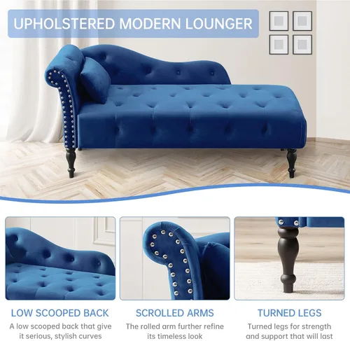 Vista 5 de Chaise Lounge - Silla de terciopelo para interiores con almohada, con botones copetudos, brazo derecho, con ribete de cabeza de clavos y patas
